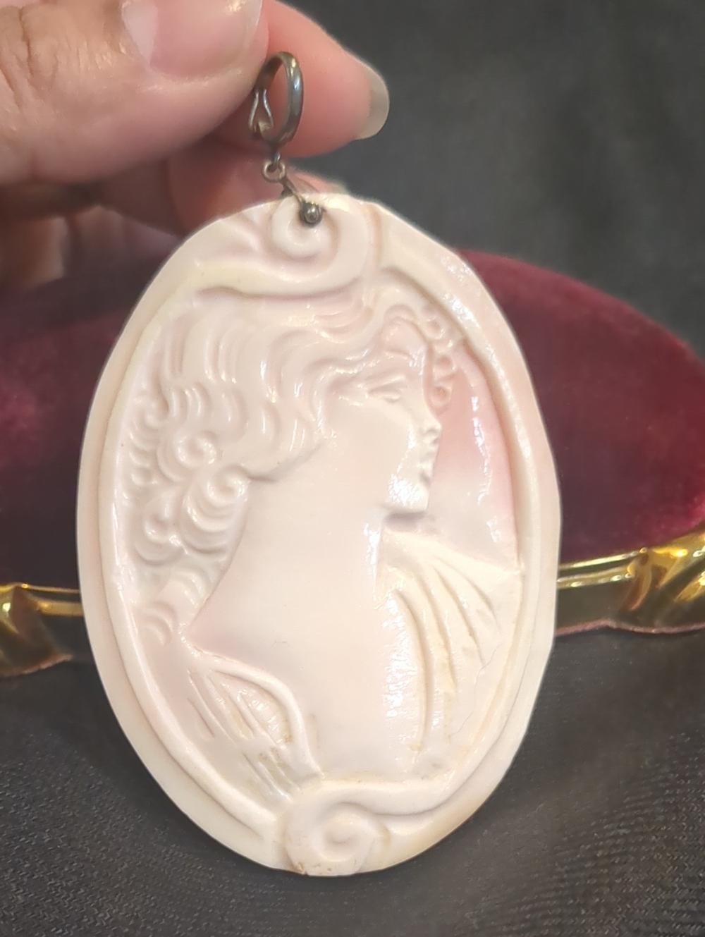 Vintage Pink Shell Cameo Portrait Pendant Necklace - Handcarved!